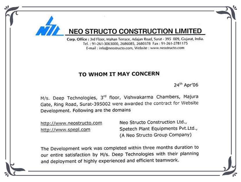 NEO Structo Construction Limited Certificate